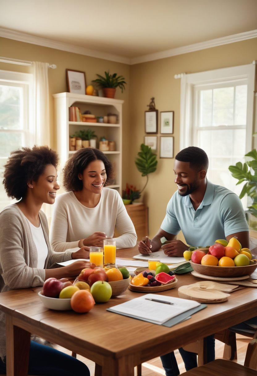 A cozy home setting featuring a family gathered around a table filled with health and wellness items like fruits, vitamins, and insurance documents. Soft lighting creates a warm atmosphere, with a glimpse of a laptop displaying health insurance options. Emphasize vibrant colors in the decor and a sense of connection between family members. super-realistic. warm colors. cozy ambiance.