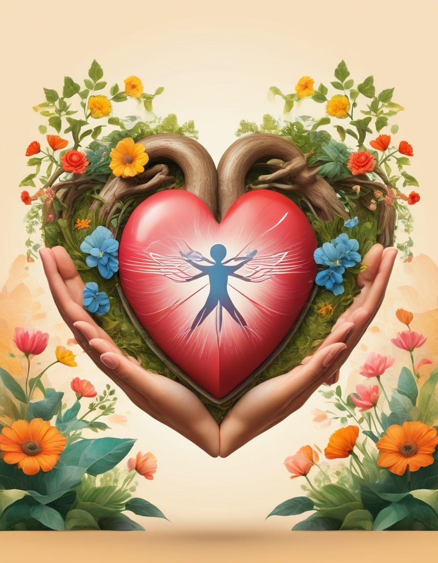A heart intertwined with symbols of insurance, like a shield and a hand, surrounded by icons representing love, family, and life balance (like a couple, children, and nature). Soft colors blending warmth with trust, evoking a sense of security and harmony. The background includes subtle elements of life like a cozy home and a serene garden. Illustrative style, vibrant colors, and soft edges.