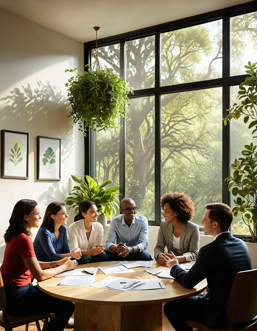 A harmonious scene depicting a diverse group of people thoughtfully discussing insurance options, with visual elements representing both emotional well-being (like heart icons and supportive gestures) and financial security (such as graphs and coins). The setting is warm and welcoming, incorporating elements of nature to symbolize growth and protection. Soft lighting enhances the friendly atmosphere. super-realistic. vibrant colors. warm background.